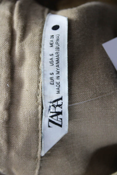 Zara Womens Basic Linen Collared Button-Up Beige Long Sleeve Size S
