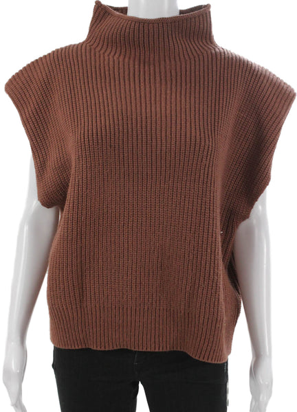 En Saison Women Brown Acrylic High Neck Solid Sleeveless Sweater Vest Size L