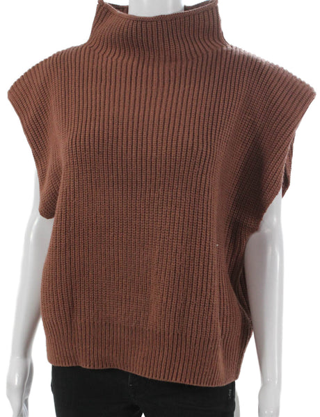 En Saison Women Brown Acrylic High Neck Solid Sleeveless Sweater Vest Size L