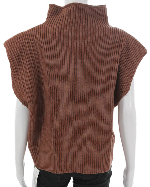 En Saison Women Brown Acrylic High Neck Solid Sleeveless Sweater Vest Size L