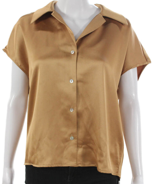 Rachel Zoe Womens Short Sleeve Collared Button-Up Brown Polyester Basic Size M