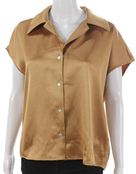 Rachel Zoe Womens Short Sleeve Collared Button-Up Brown Polyester Basic Size M
