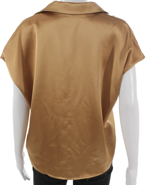 Rachel Zoe Womens Short Sleeve Collared Button-Up Brown Polyester Basic Size M