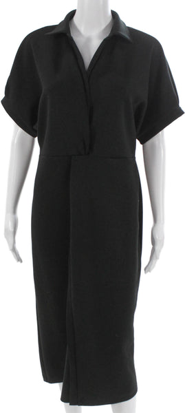 Cynthia Rowley Women Shirt Dress Black Collared Short Sleeve Button Midi Size L