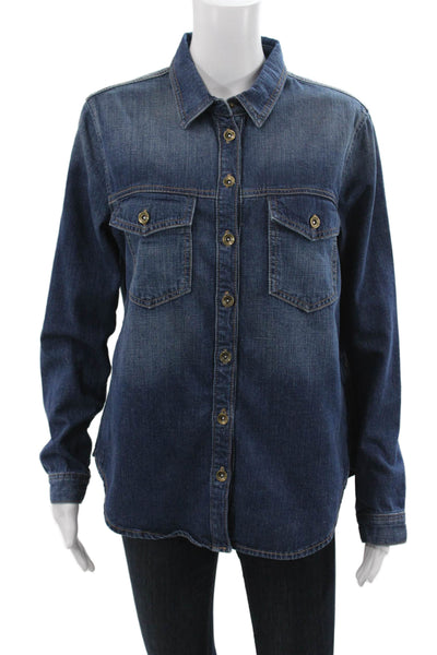 Zara Women Denim Collared Button-Up Top Blue Long Sleeve Size L