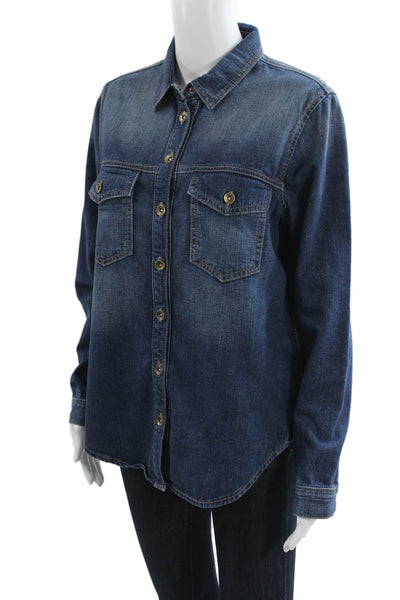 Zara Women Denim Collared Button-Up Top Blue Long Sleeve Size L