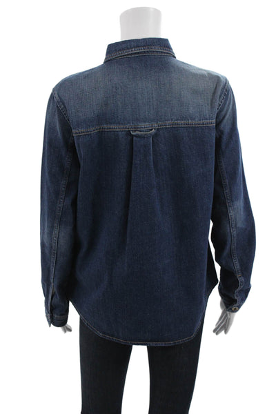 Zara Women Denim Collared Button-Up Top Blue Long Sleeve Size L