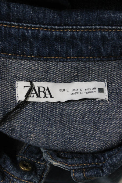 Zara Women Denim Collared Button-Up Top Blue Long Sleeve Size L
