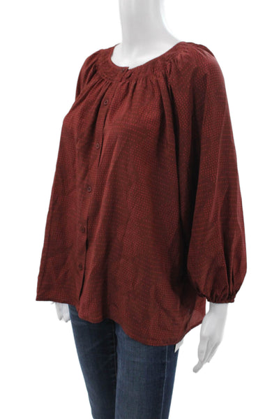 Tucker Women Tunic Blouse Red Silk Polka Dot Long Sleeve Round Neck Size M