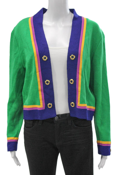 St John Collection Women Cardigan Green Striped V-Neck Long Sleeve Size 8