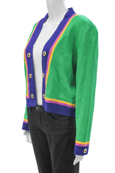 St John Collection Women Cardigan Green Striped V-Neck Long Sleeve Size 8