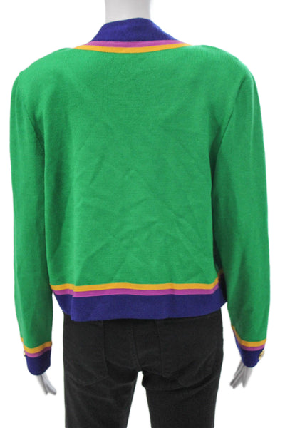 St John Collection Women Cardigan Green Striped V-Neck Long Sleeve Size 8