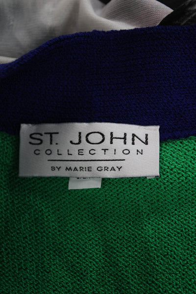 St John Collection Women Cardigan Green Striped V-Neck Long Sleeve Size 8