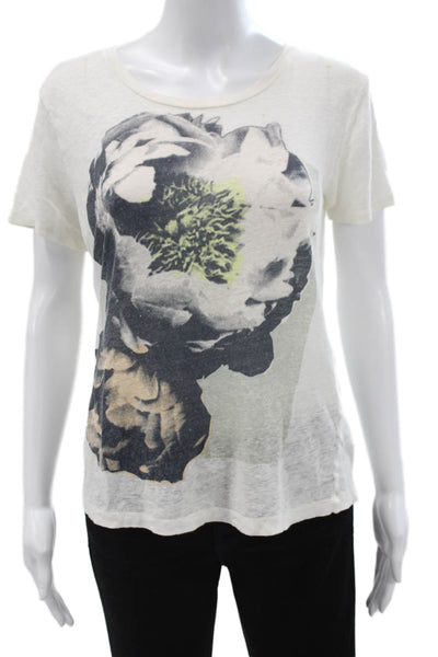 J Crew Womens White Linen Floral Crewneck Short Sleeve Tee Size XS