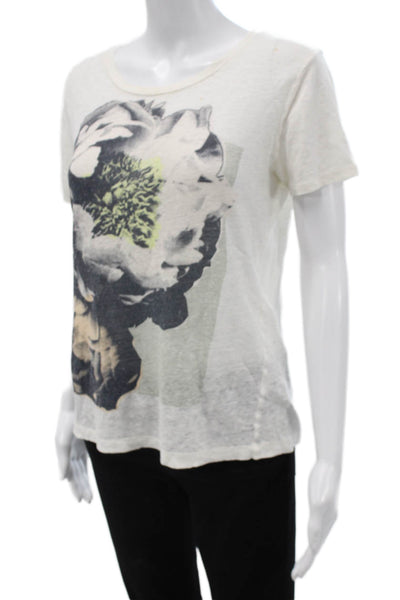 J Crew Womens White Linen Floral Crewneck Short Sleeve Tee Size XS