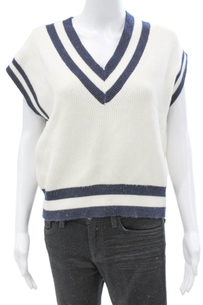 MNG Womens Viscose Striped V Neck Sweater Vest Sleeveless White Size S