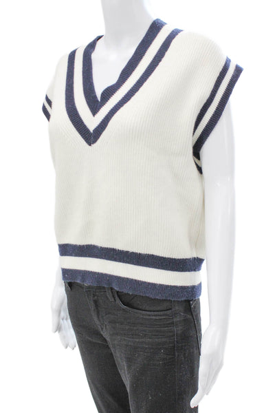 MNG Womens Viscose Striped V Neck Sweater Vest Sleeveless White Size S