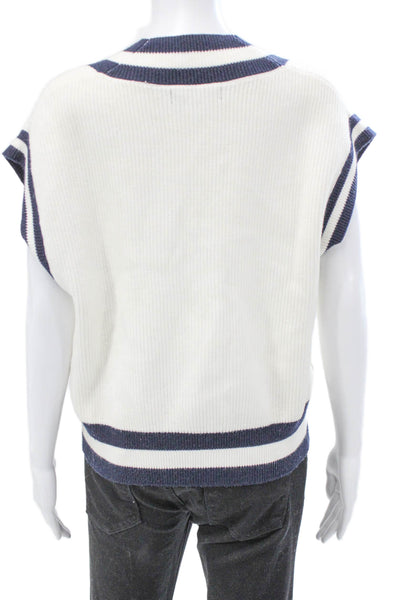 MNG Womens Viscose Striped V Neck Sweater Vest Sleeveless White Size S
