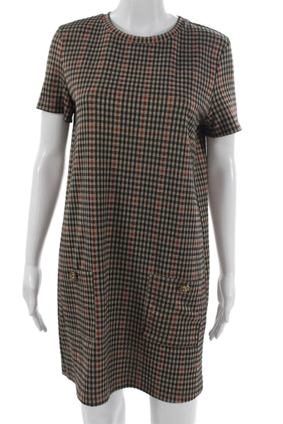 Zara Women Shift Dress Beige Check Short Sleeve Polyester Blend Size M