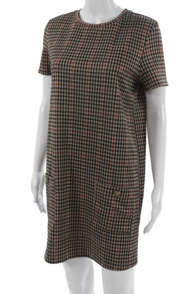 Zara Women Shift Dress Beige Check Short Sleeve Polyester Blend Size M