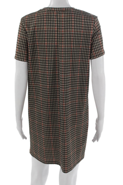 Zara Women Shift Dress Beige Check Short Sleeve Polyester Blend Size M