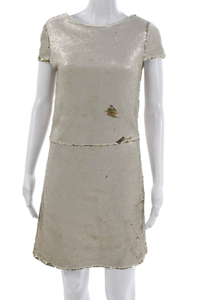 Maje Womens Shift Dress Gold Boat Neck Short Sleeve Zip Polyester Size 40