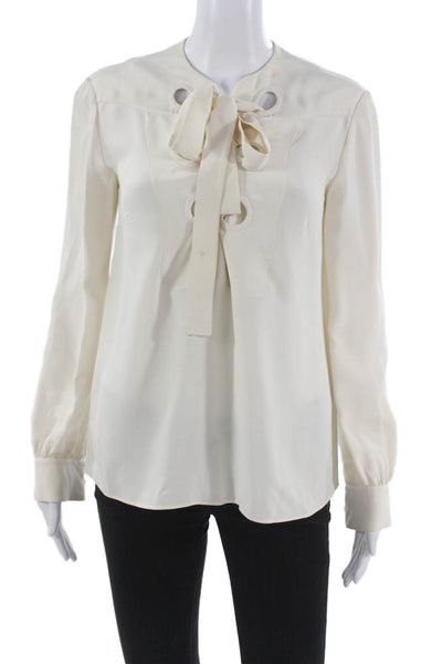 Derek Lam Women Silk High Neck Long Sleeve Basic Blouse Ivory Size M