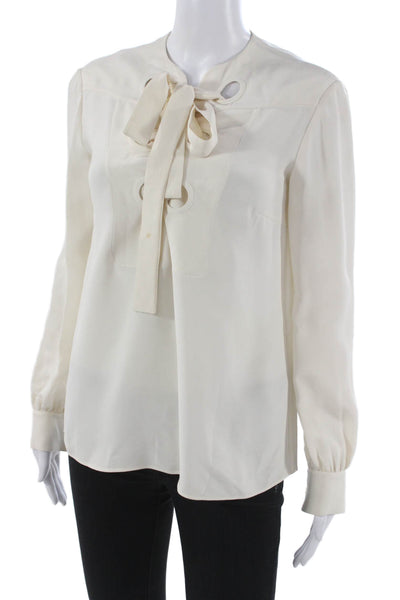 Derek Lam Women Silk High Neck Long Sleeve Basic Blouse Ivory Size M