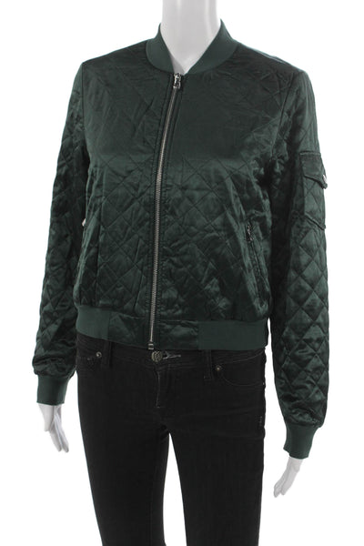 Cami NYC Womens Bomber Jacket Green Quilted Silk Zip Long Sleeve Size XS