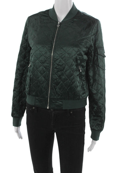 Cami NYC Women Bomber Jacket Silk Green Argyle Zip Long Sleeve Size S