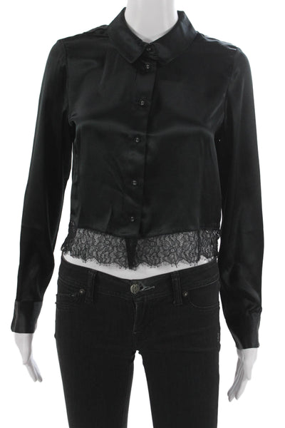 Cami NYC Women Cropped Silk Collared Button Long Sleeve Blouse Black Size 2XS