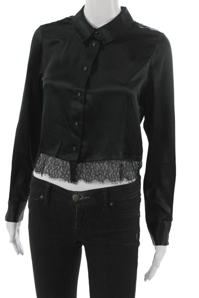 Cami NYC Women Cropped Silk Collared Button Long Sleeve Blouse Black Size 2XS