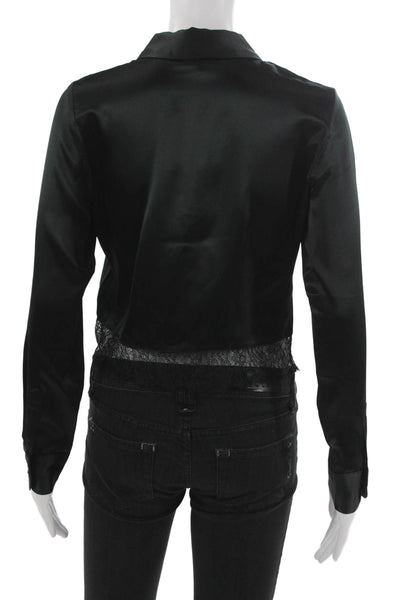 Cami NYC Women Cropped Silk Collared Button Long Sleeve Blouse Black Size 2XS