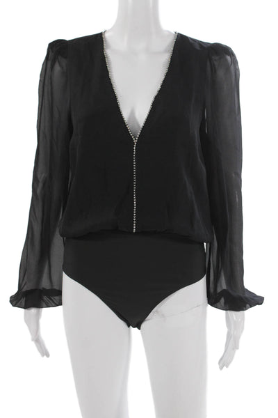Cami NYC Women Silk V-Neck One Piece Long Sleeve Pullover Black Size S