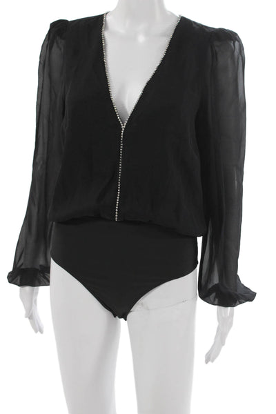 Cami NYC Women Silk V-Neck One Piece Long Sleeve Pullover Black Size S