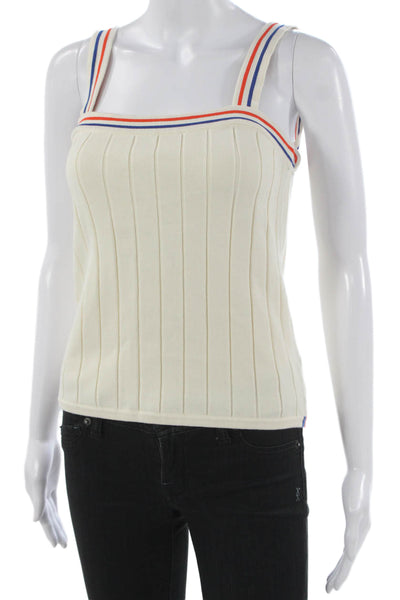 Kule Women Basic Striped Square Neck Cotton Tank Sleeveless Ivory Size M