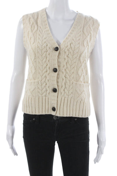 Re/Done Womens Ivory Wool Leather Trim Basic Vest V Neck Button Size S