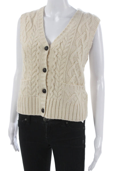 Re/Done Womens Ivory Wool Leather Trim Basic Vest V Neck Button Size S