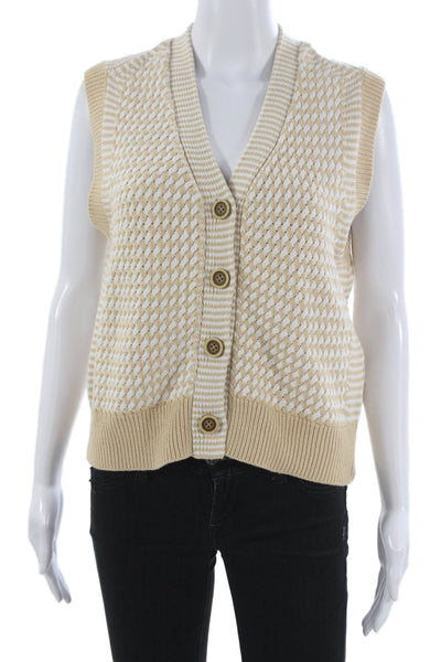 Re/Done Womens Beige Geometric V-Neck Sleeveless Cardigan Cotton Size S