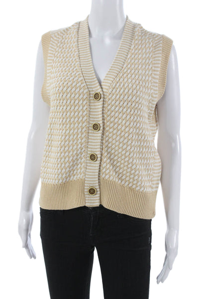Re/Done Womens Beige Geometric V-Neck Sleeveless Cardigan Cotton Size S