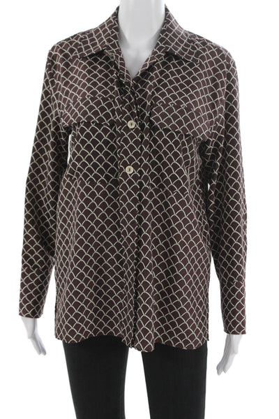 Zara Womens Basic Collared Geometric Brown Button Blouse Long Sleeve Size S