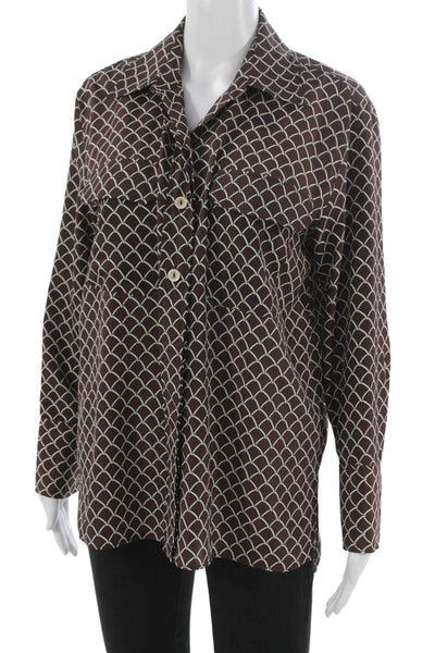 Zara Womens Basic Collared Geometric Brown Button Blouse Long Sleeve Size S