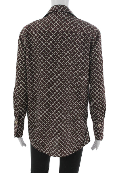 Zara Womens Basic Collared Geometric Brown Button Blouse Long Sleeve Size S