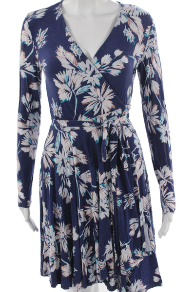 Yumi Kim Women Wrap Dress Blue Floral V Neck Long Sleeve Rayon Size S