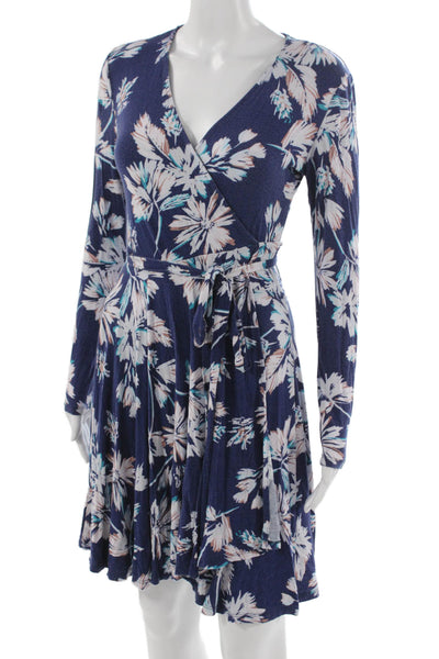 Yumi Kim Women Wrap Dress Blue Floral V Neck Long Sleeve Rayon Size S