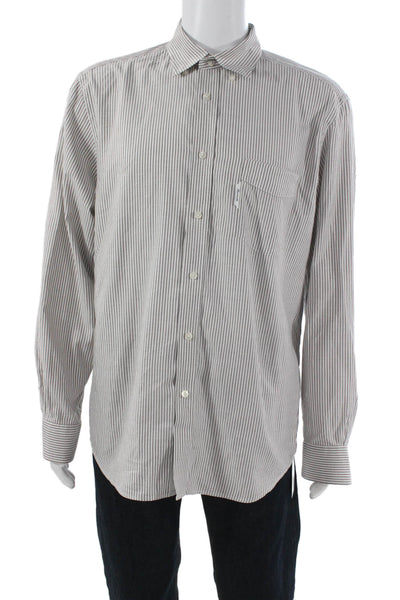 Faconnable Mens Striped Club Button Down Shirt White Brown Cotton Size Large