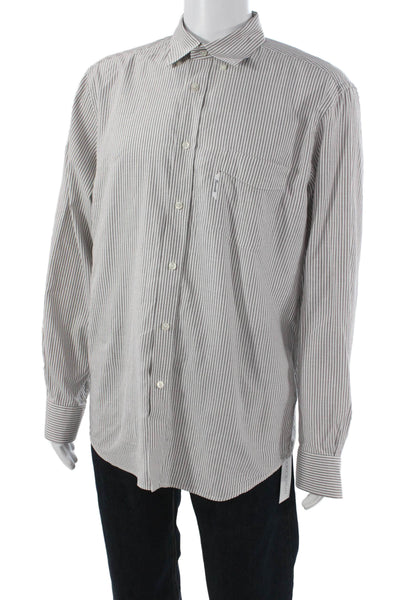 Faconnable Mens Striped Club Button Down Shirt White Brown Cotton Size Large