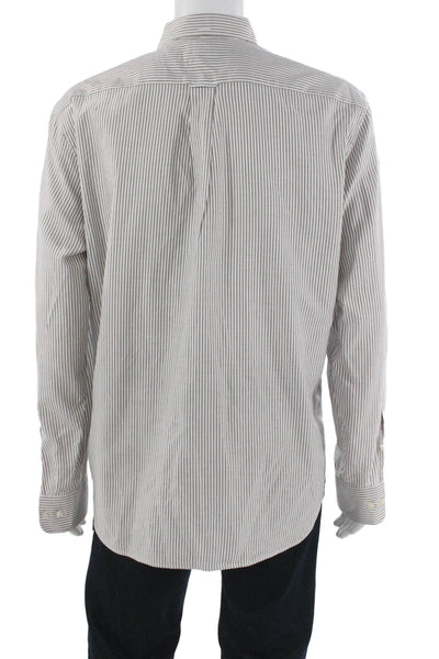 Faconnable Mens Striped Club Button Down Shirt White Brown Cotton Size Large