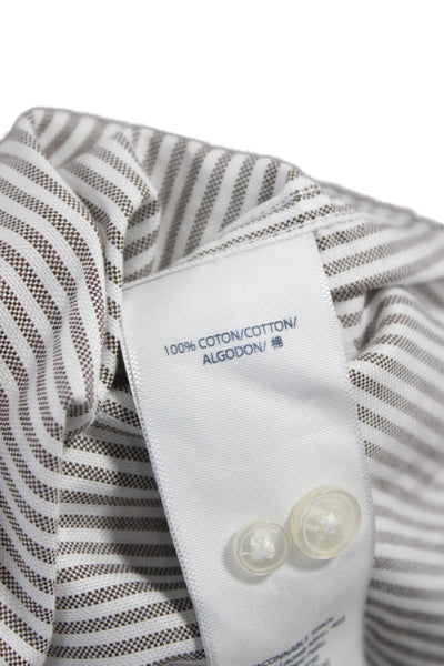 Faconnable Mens Striped Club Button Down Shirt White Brown Cotton Size Large