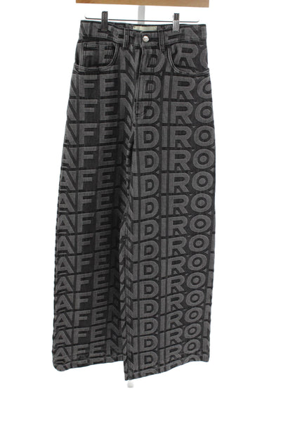 Fendi Womens Gray Logo Wide-Leg Jeans High Rise Button Cotton Size 36